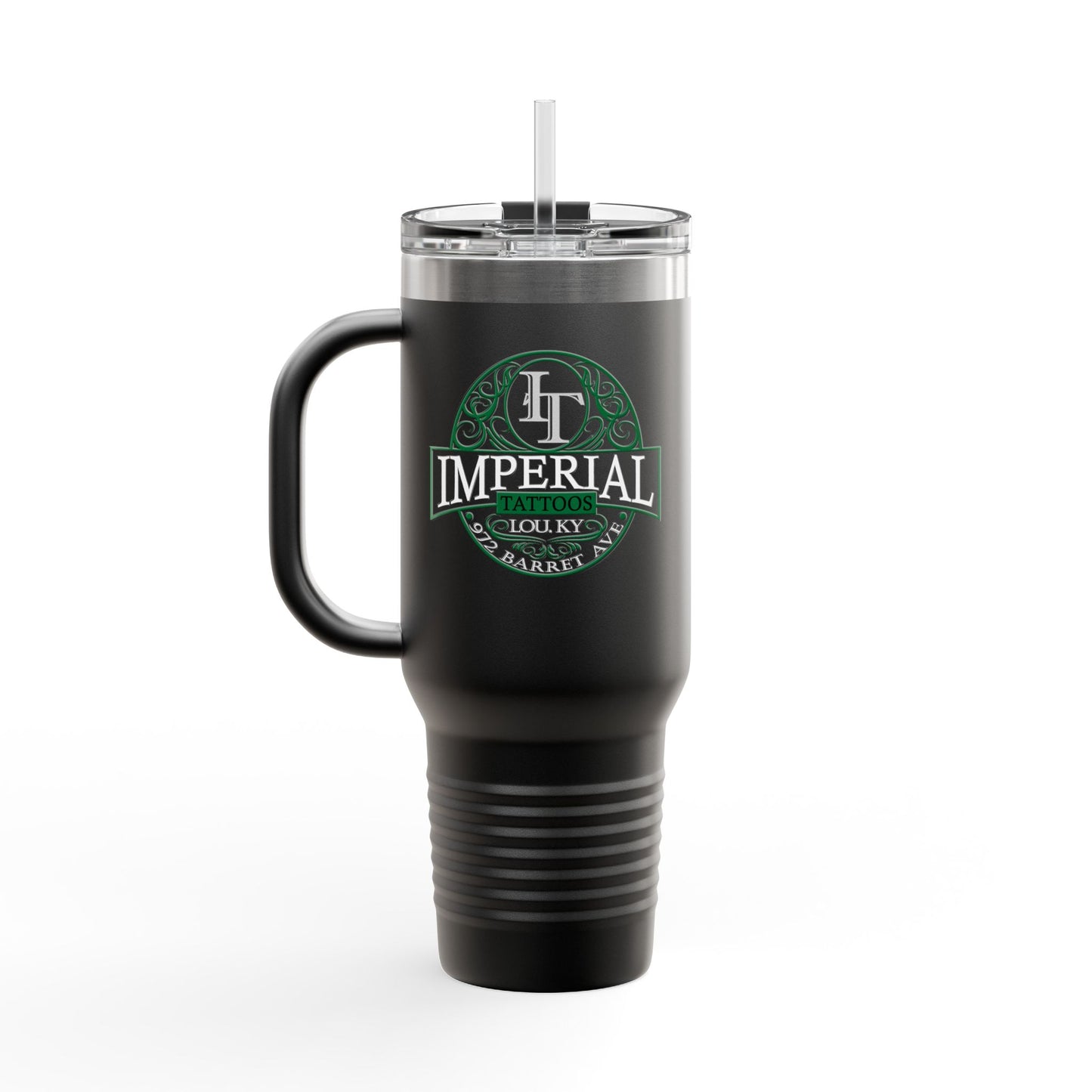 40oz Insulated Travel Mug with 'Imperial Tattoos' Smokers Green Logo — Stainless Steel Tumbler with Straw & Handle