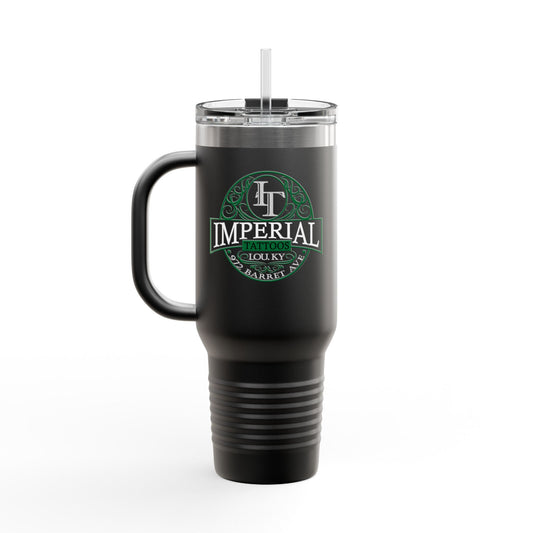 40oz Insulated Travel Mug with 'Imperial Tattoos' Smokers Green Logo — Stainless Steel Tumbler with Straw & Handle