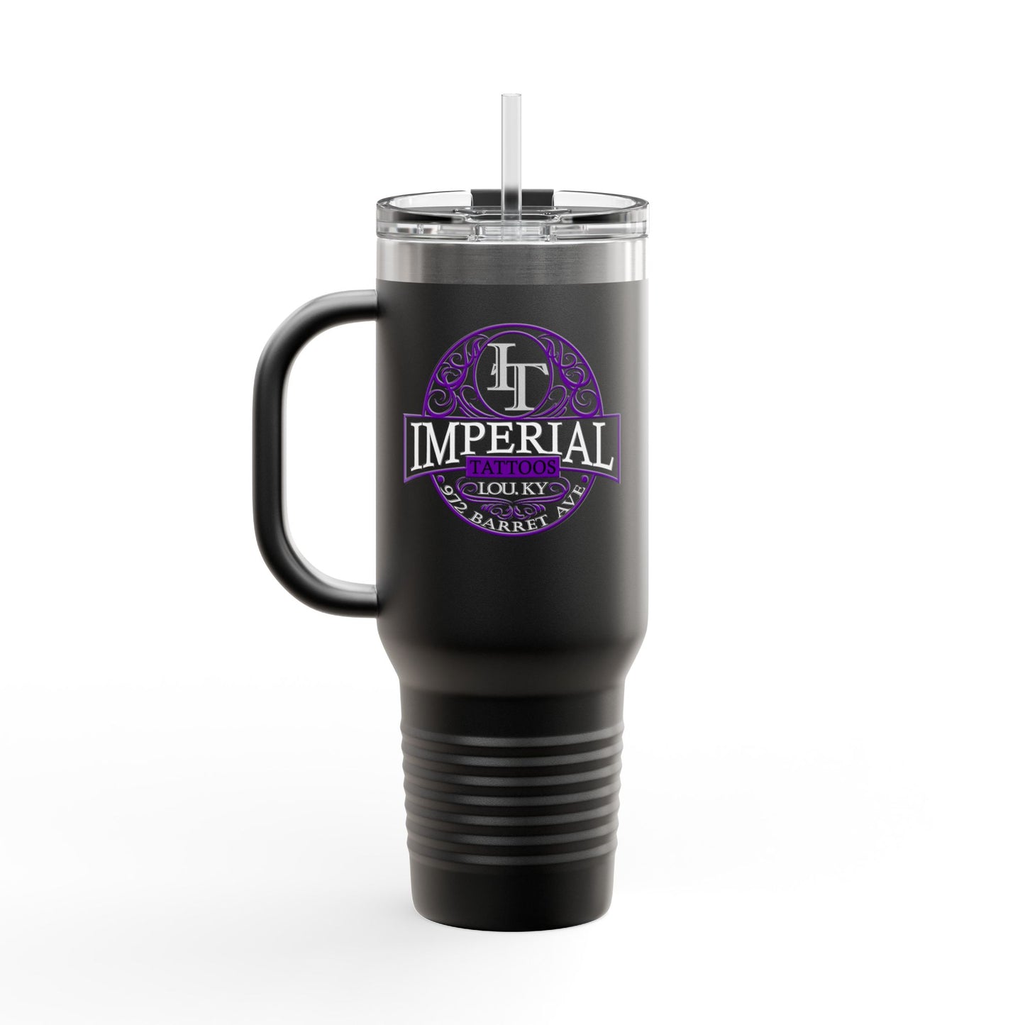 40oz Insulated Travel Mug with 'Imperial Tattoos' Smokers Purple Logo — Stainless Steel Tumbler with Straw & Handle