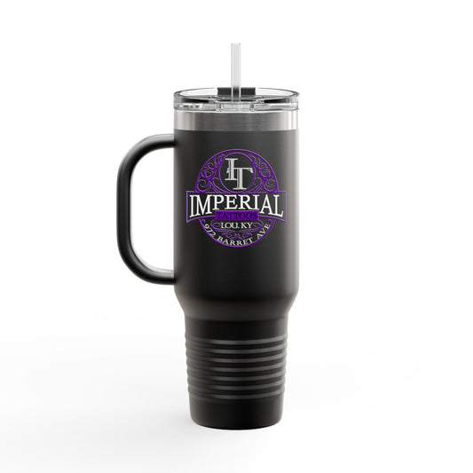 40oz Insulated Travel Mug with 'Imperial Tattoos' Smokers Purple Logo — Stainless Steel Tumbler with Straw & Handle