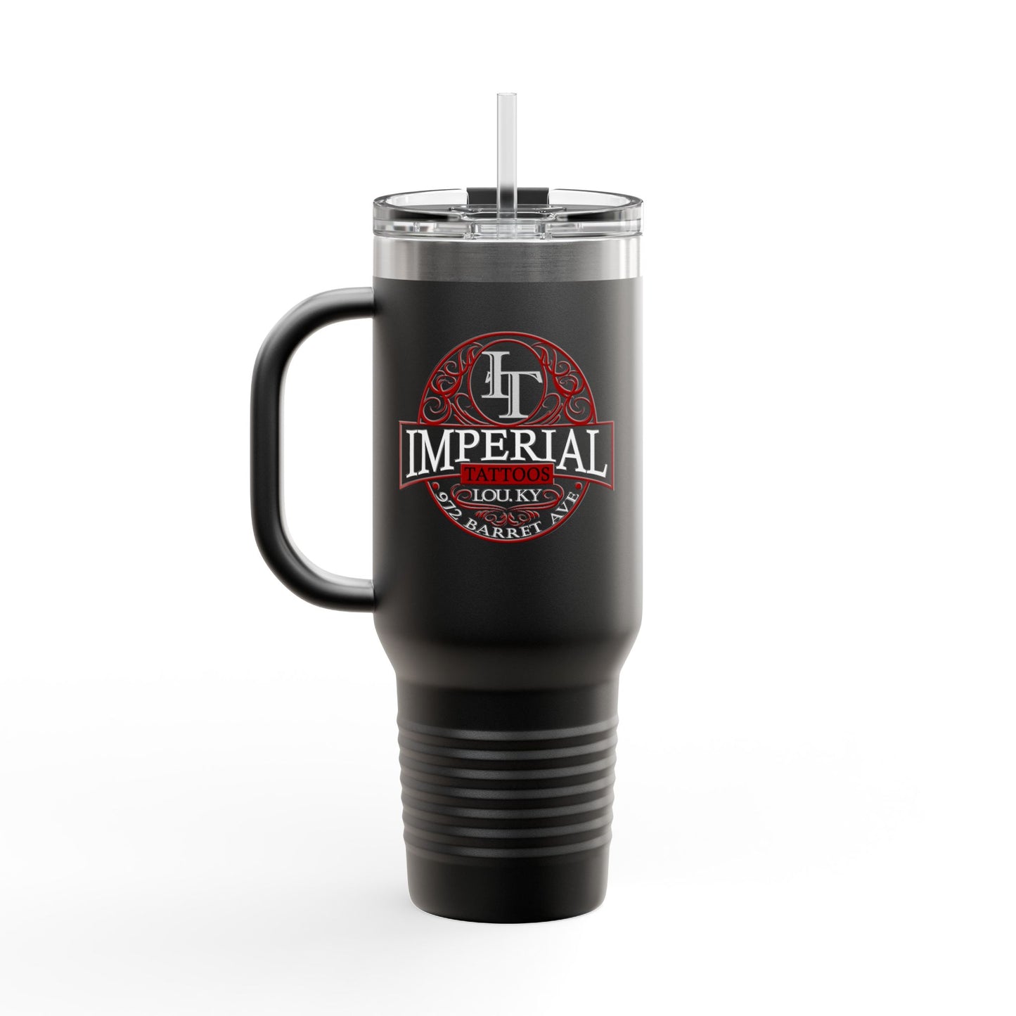 40oz Insulated Travel Mug with 'Imperial Tattoos' Smokers Red Logo — Stainless Steel Tumbler with Straw & Handle