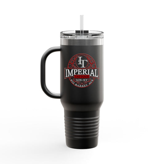 40oz Insulated Travel Mug with 'Imperial Tattoos' Smokers Red Logo — Stainless Steel Tumbler with Straw & Handle