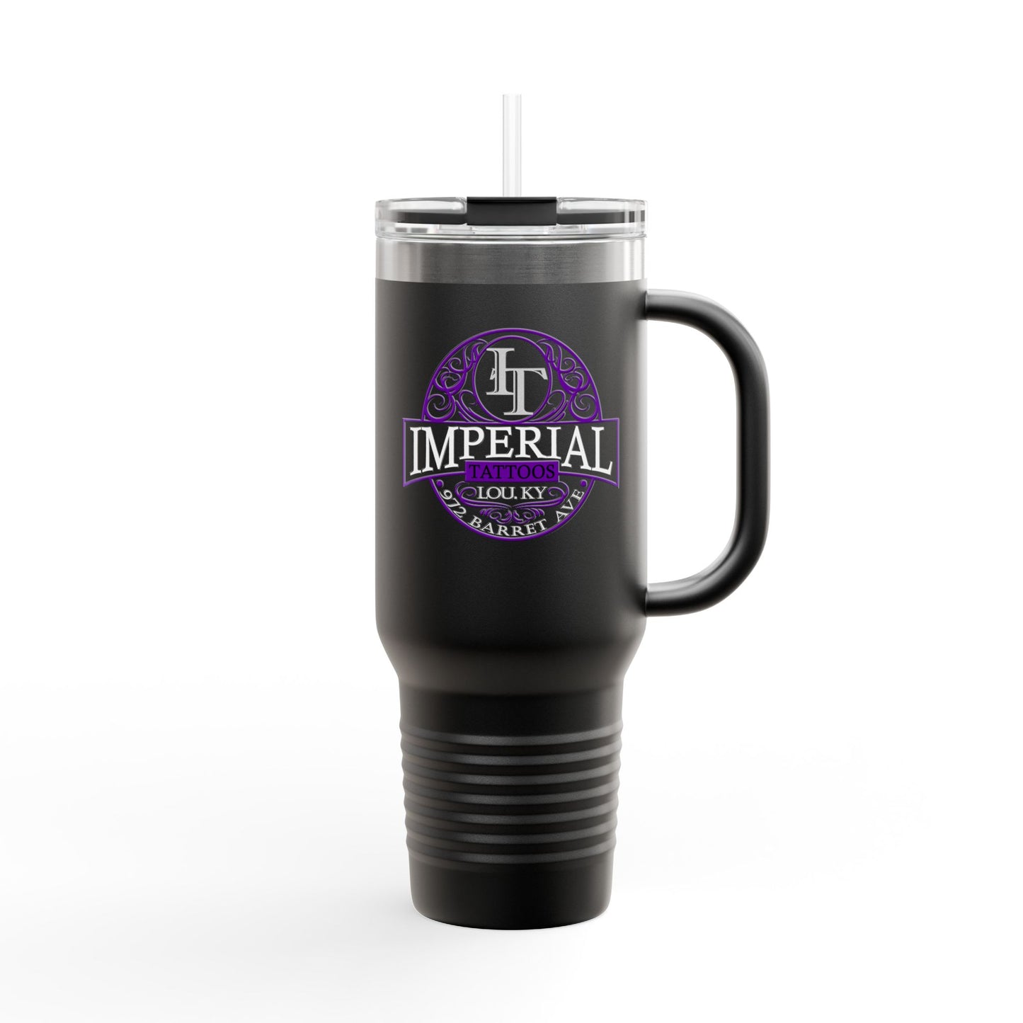 40oz Insulated Travel Mug with 'Imperial Tattoos' Smokers Purple Logo — Stainless Steel Tumbler with Straw & Handle