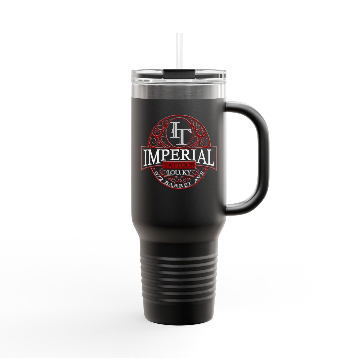 40oz Insulated Travel Mug with 'Imperial Tattoos' Smokers Red Logo — Stainless Steel Tumbler with Straw & Handle