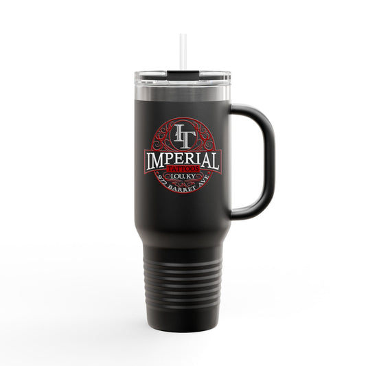 40oz Insulated Travel Mug with 'Imperial Tattoos' Smokers Red Logo — Stainless Steel Tumbler with Straw & Handle