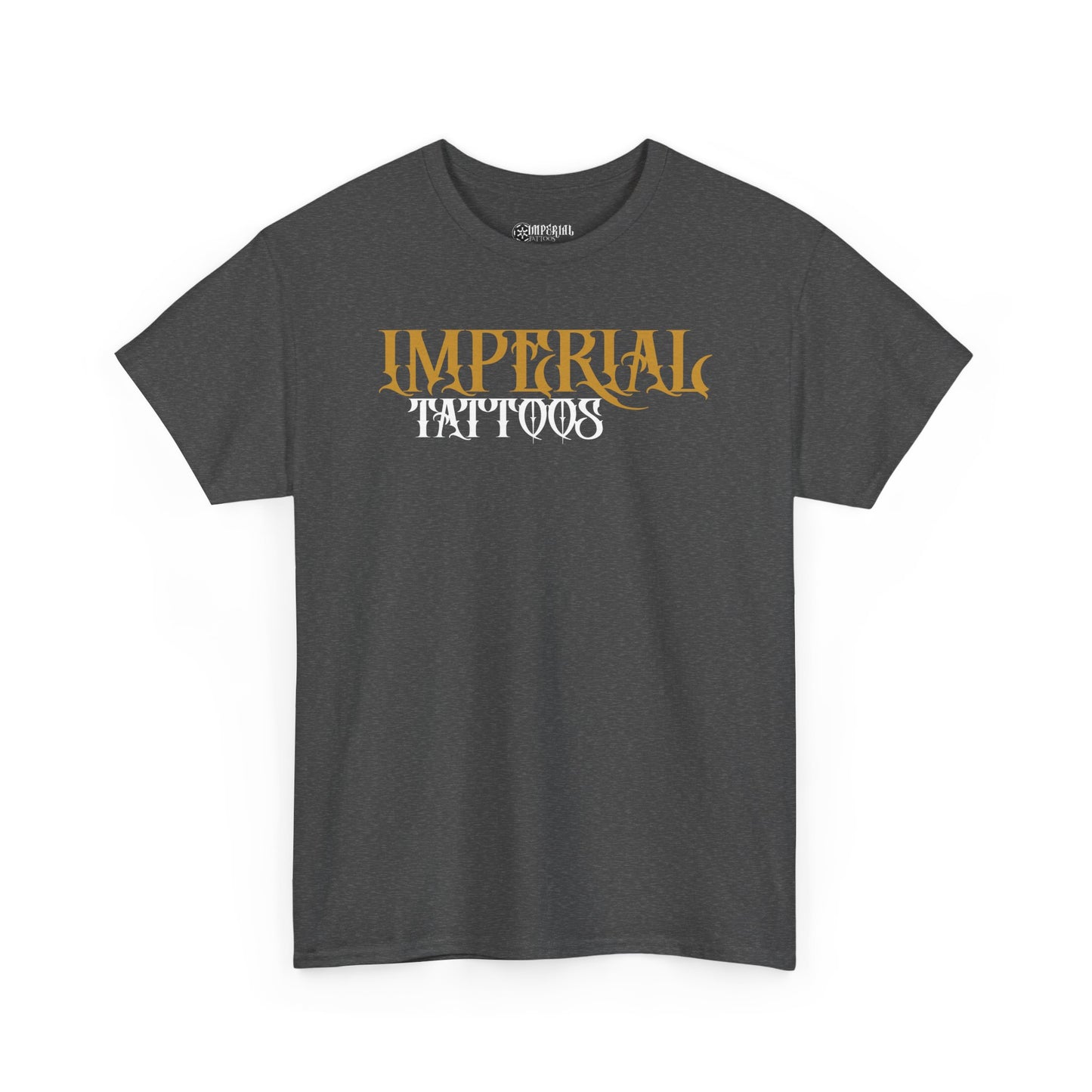 Gothic Yellow, White Font | Imperial Tattoos Unisex Heavy Cotton Tee, Cool Graphic Tee, Edgy Streetwear, Tattoo Lovers Shirt, Gift for Artists