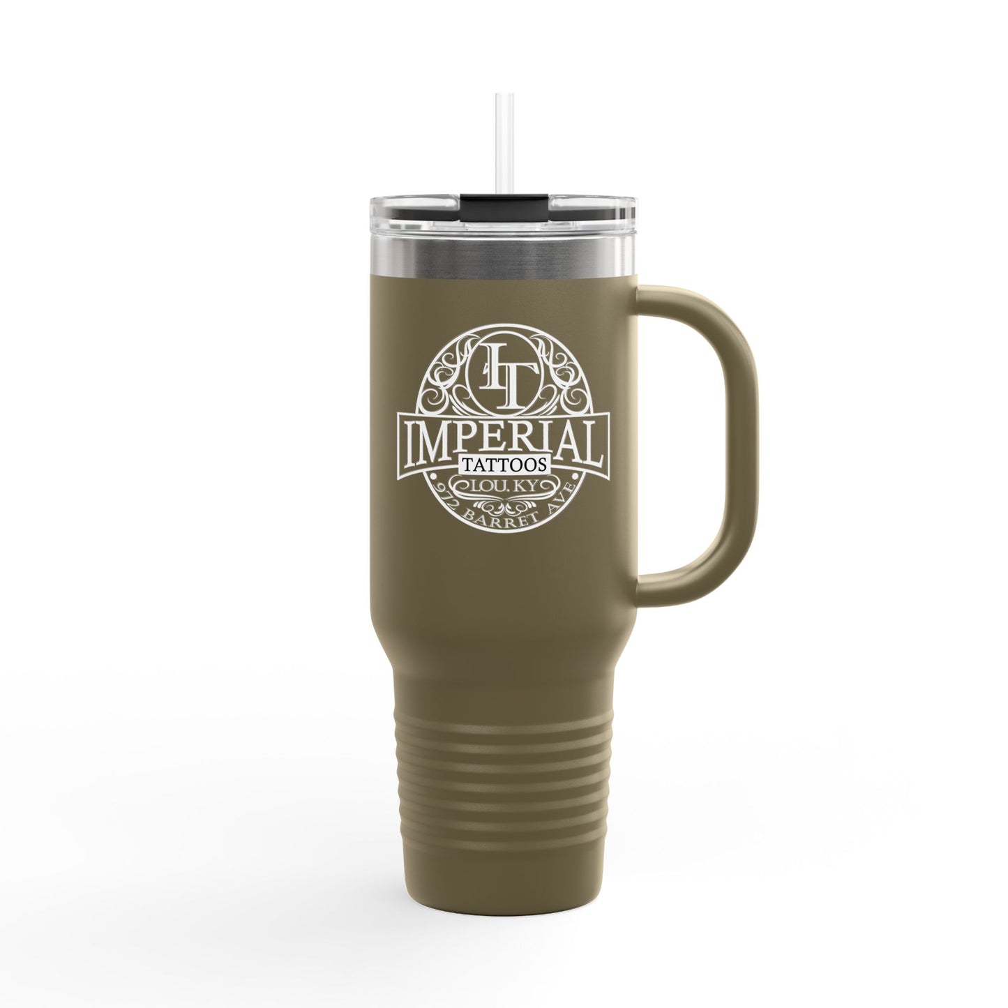 40oz Insulated Travel Mug with 'Imperial Tattoos' Smokers White Logo — Stainless Steel Tumbler with Straw & Handle
