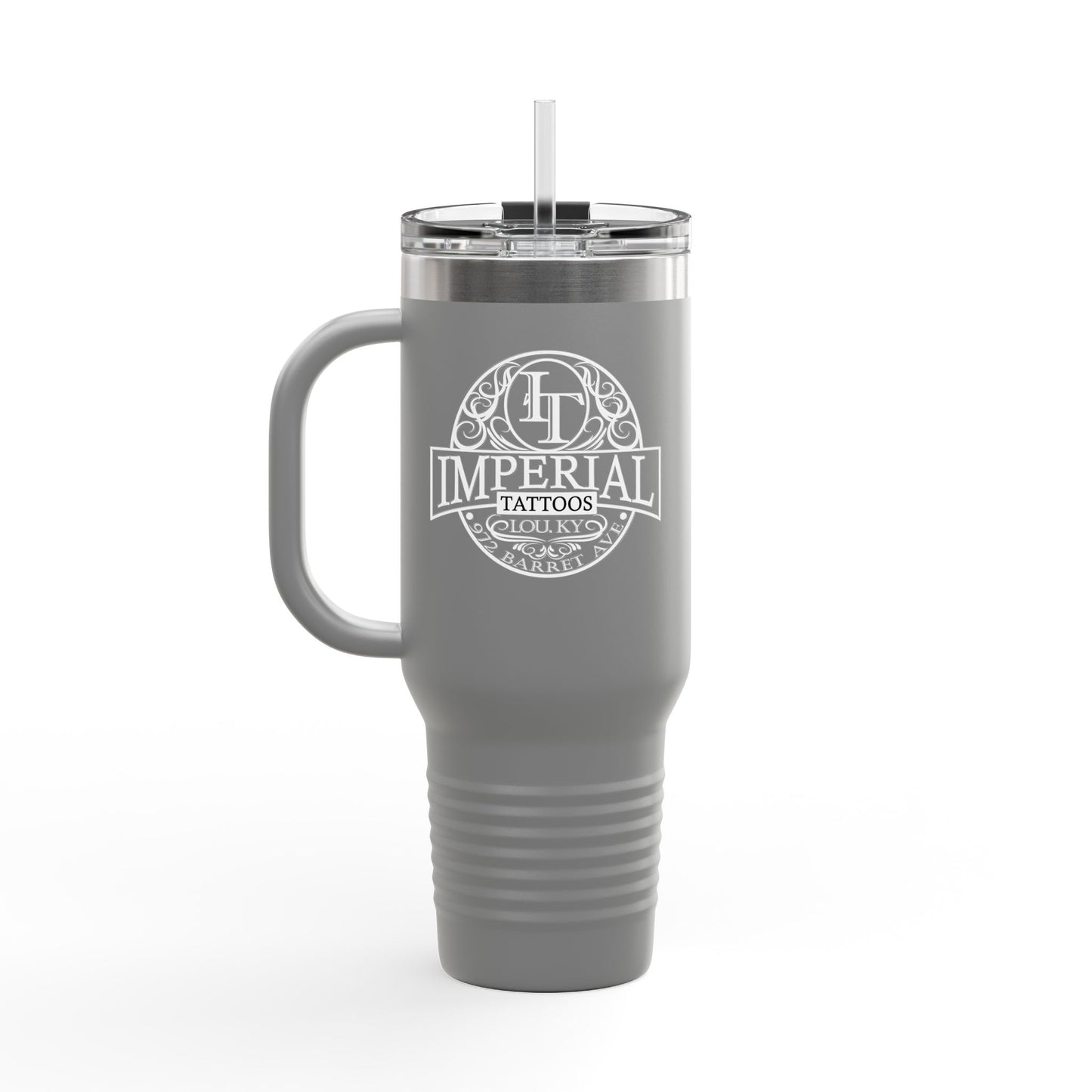 40oz Insulated Travel Mug with 'Imperial Tattoos' Smokers White Logo — Stainless Steel Tumbler with Straw & Handle