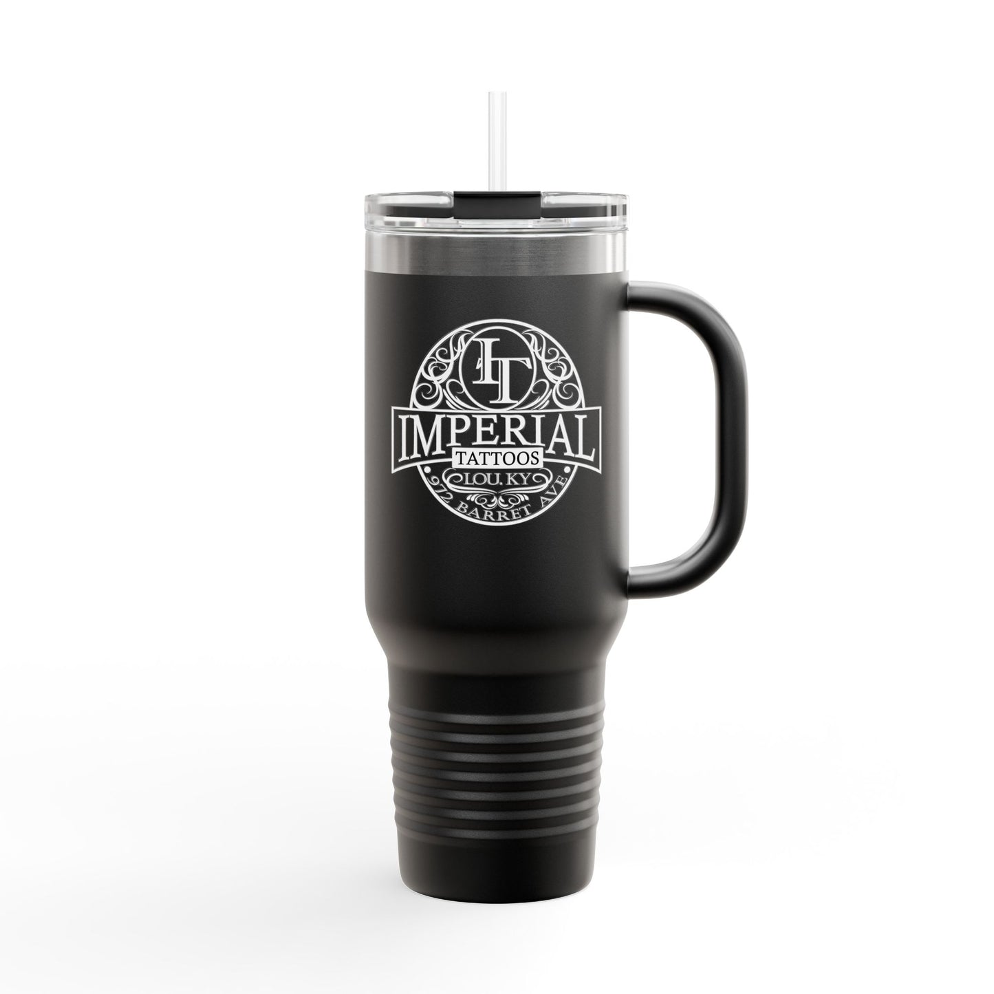 40oz Insulated Travel Mug with 'Imperial Tattoos' Smokers White Logo — Stainless Steel Tumbler with Straw & Handle