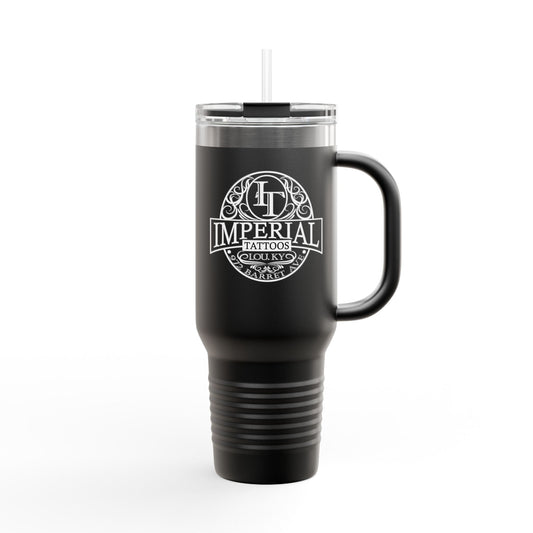 40oz Insulated Travel Mug with 'Imperial Tattoos' Smokers White Logo — Stainless Steel Tumbler with Straw & Handle