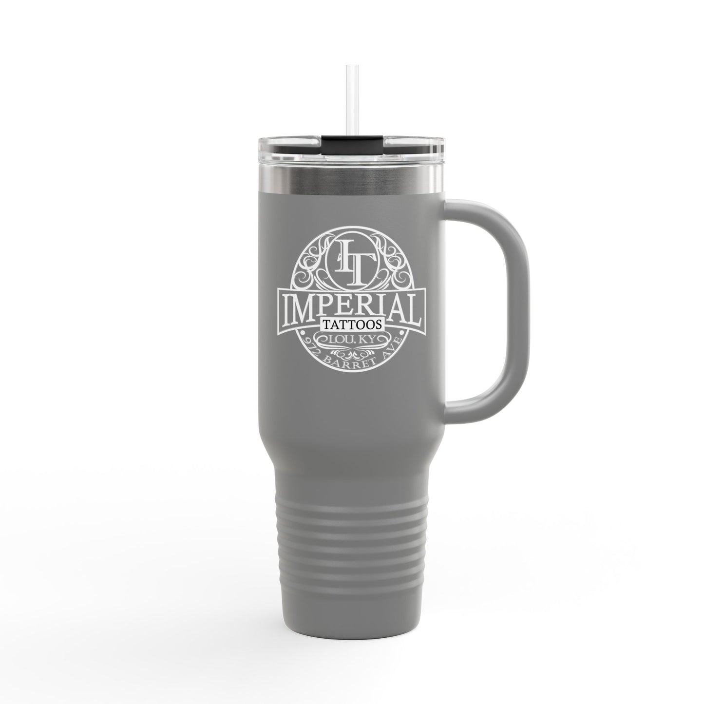 40oz Insulated Travel Mug with 'Imperial Tattoos' Smokers White Logo — Stainless Steel Tumbler with Straw & Handle