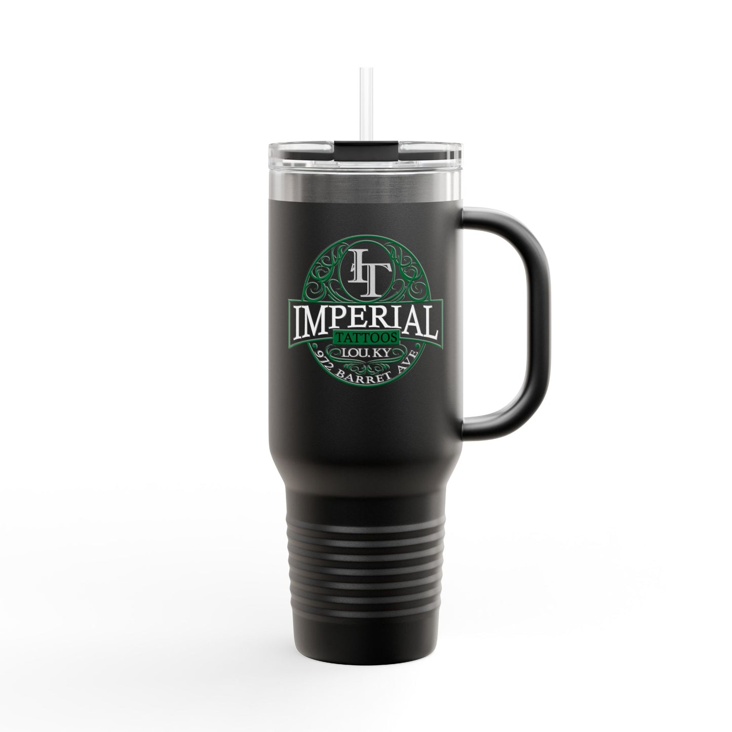 40oz Insulated Travel Mug with 'Imperial Tattoos' Smokers Green Logo — Stainless Steel Tumbler with Straw & Handle