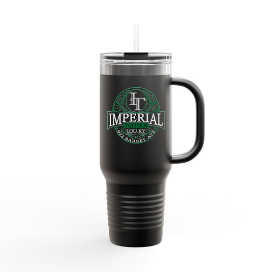 40oz Insulated Travel Mug with 'Imperial Tattoos' Smokers Green Logo — Stainless Steel Tumbler with Straw & Handle
